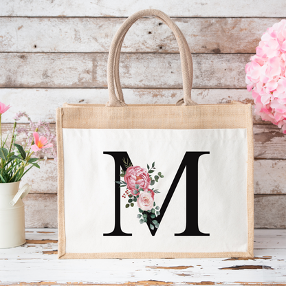 ✨Personalised Initial Jute Bag – Floral Monogram Design 👜🌸
