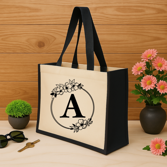 ✨Custom Floral Monogram Jute Tote Bag – Timeless & Personalised 🌿👜