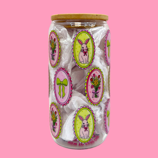 🌸🐰 Pastel Bunny & Bow Easter 16oz Glass Cup 🎀✨