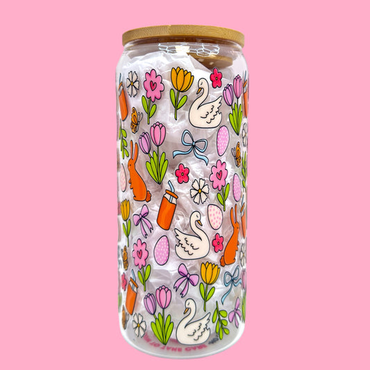 🌸🐰 Spring Garden Easter 20oz Glass Cup 🦢🥕