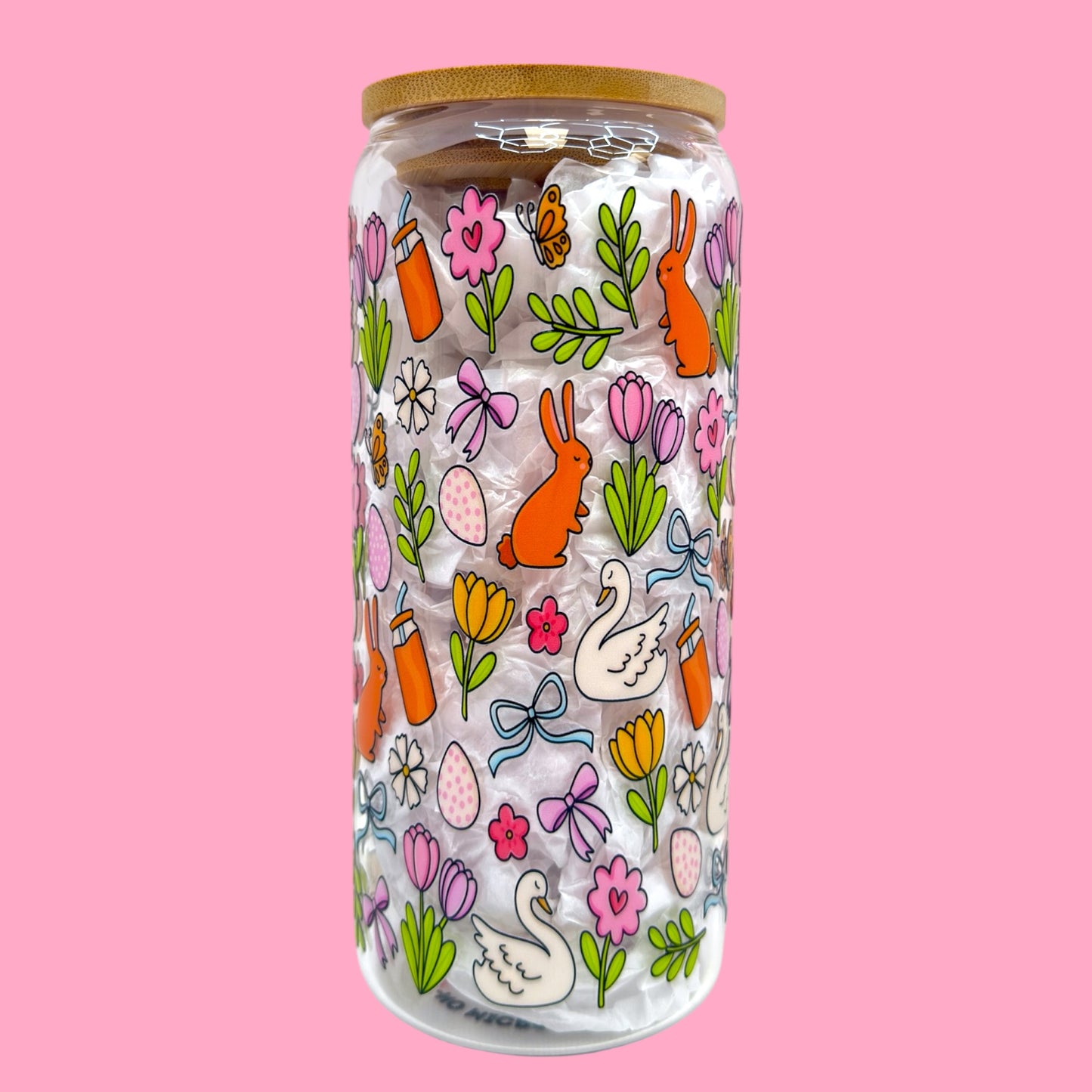 🌸🐰 Spring Garden Easter 20oz Glass Cup 🦢🥕