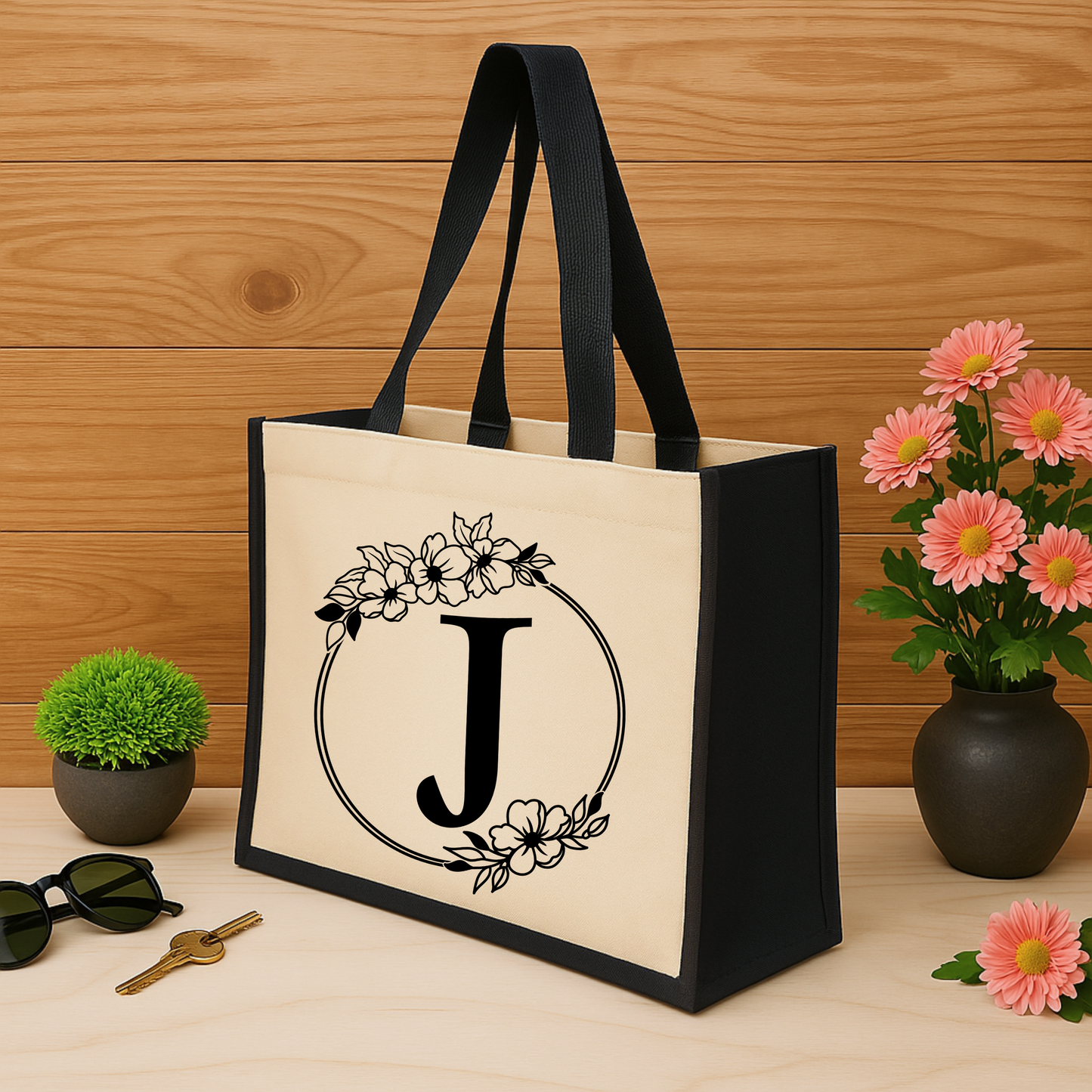 ✨Custom Floral Monogram Jute Tote Bag – Timeless & Personalised 🌿👜