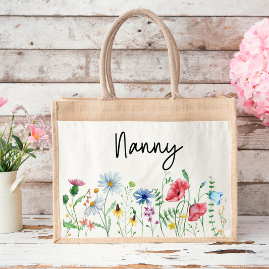 🌷Personalised Wildflower Jute Tote Bag – Mum, Nanny, Gigi & More👜🌸