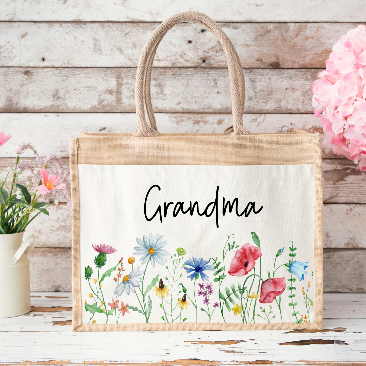 🌷Personalised Wildflower Jute Tote Bag – Mum, Nanny, Gigi & More👜🌸