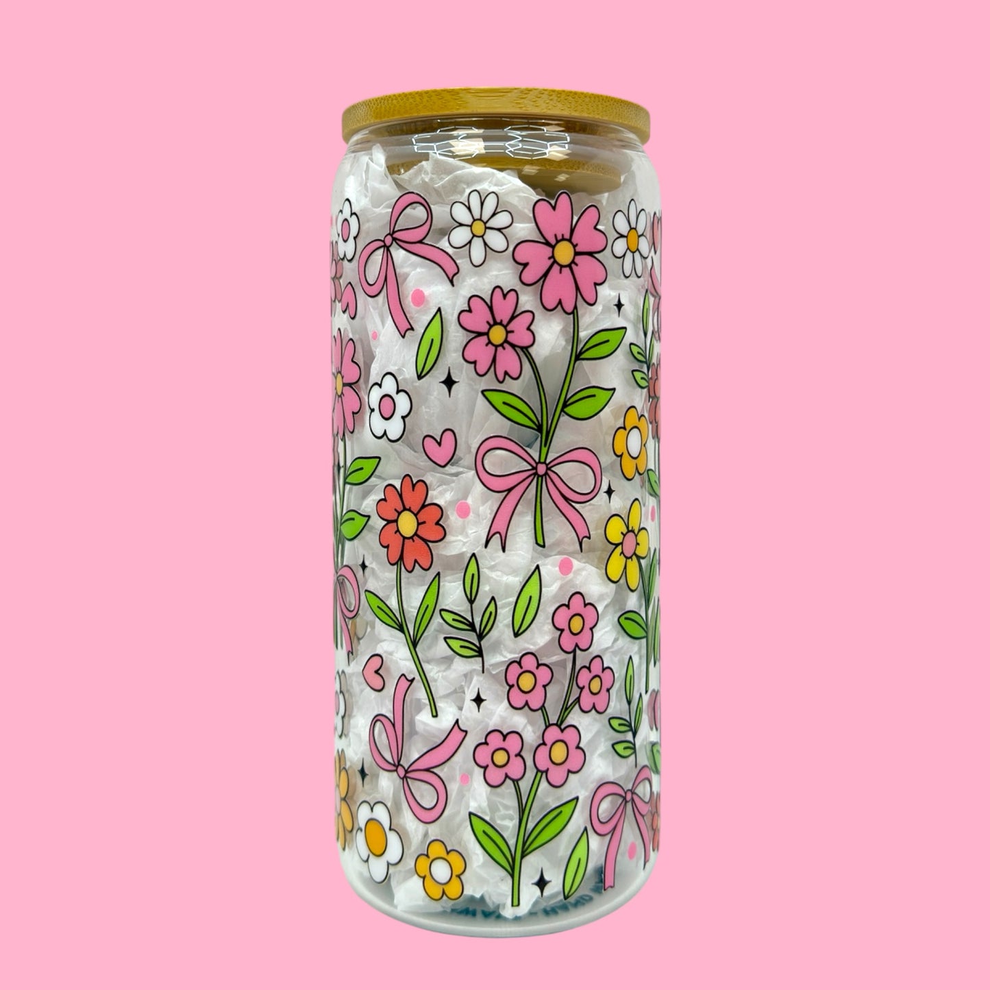 🌸 Pink Floral Bow 20oz Glass Cup🎀