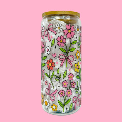 🌸 Pink Floral Bow 20oz Glass Cup🎀