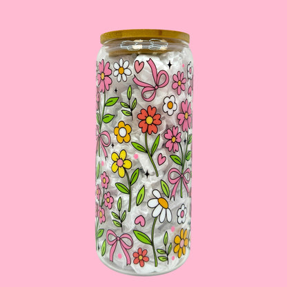 🌸 Pink Floral Bow 20oz Glass Cup🎀