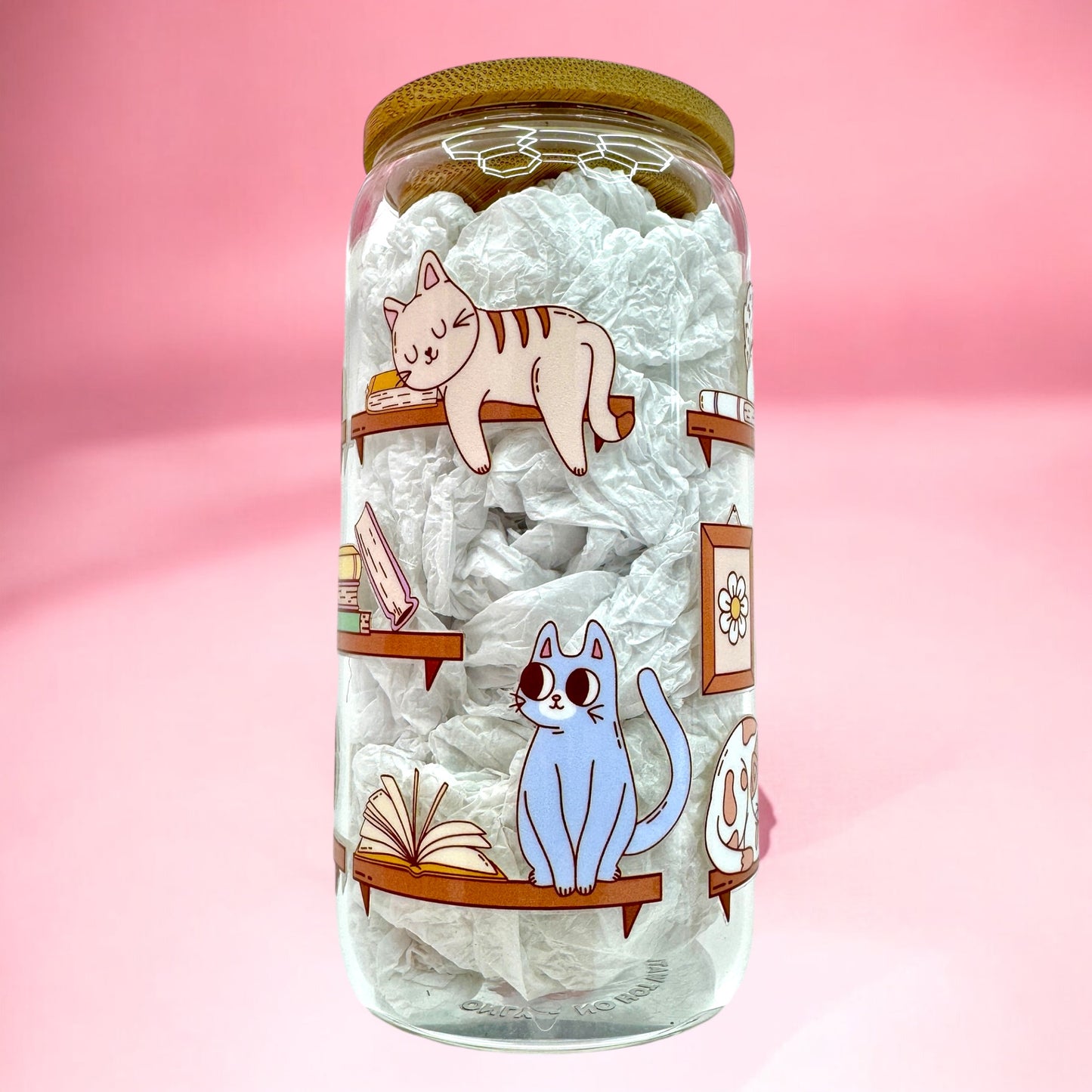 Cozy Cat Bookshelf 16oz Glass Cup 🐈📚🌿