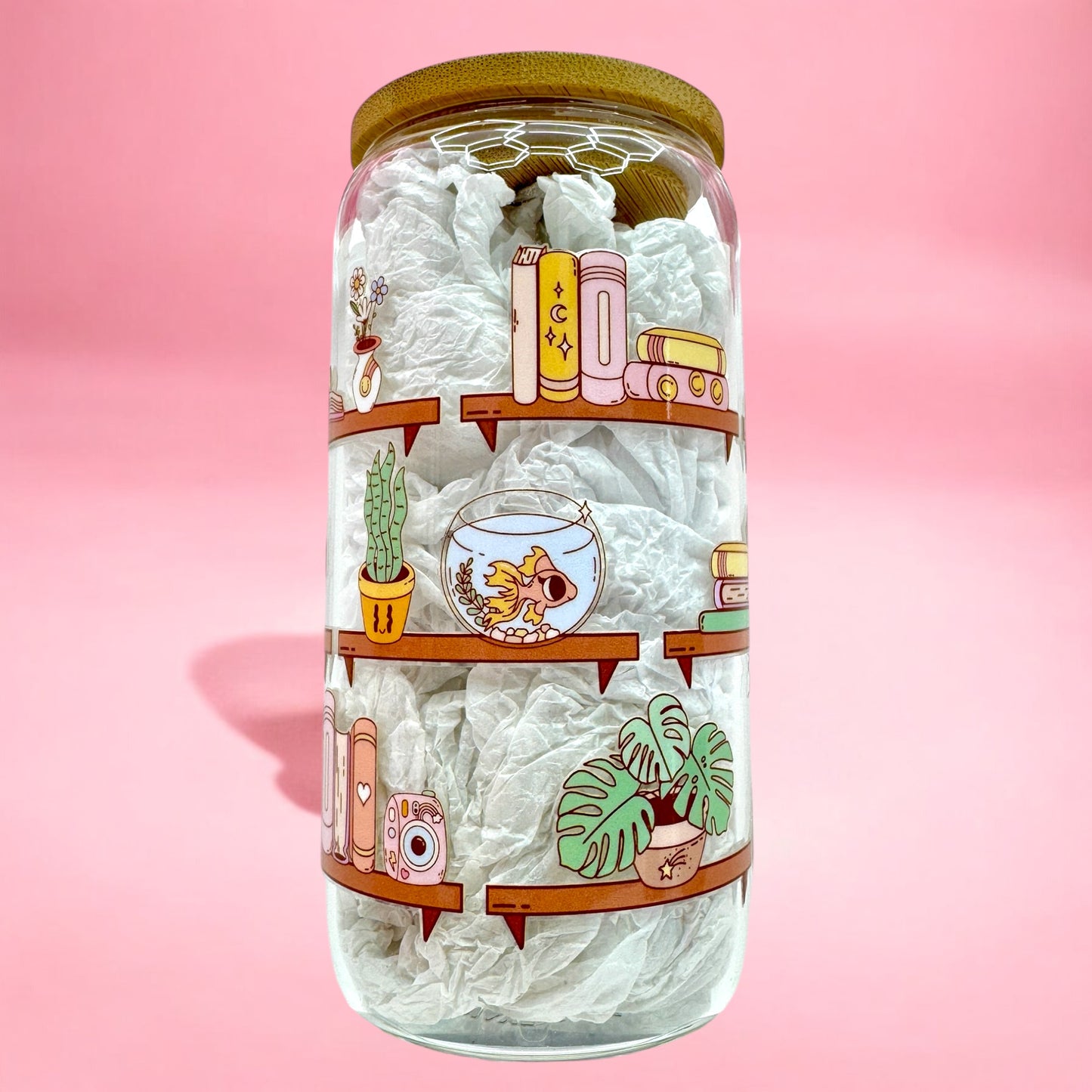 Cozy Cat Bookshelf 16oz Glass Cup 🐈📚🌿