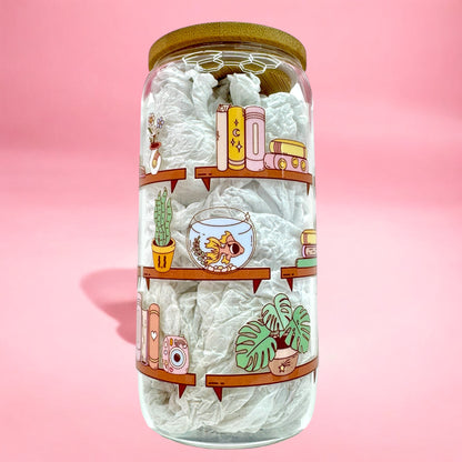 Cozy Cat Bookshelf 16oz Glass Cup 🐈📚🌿