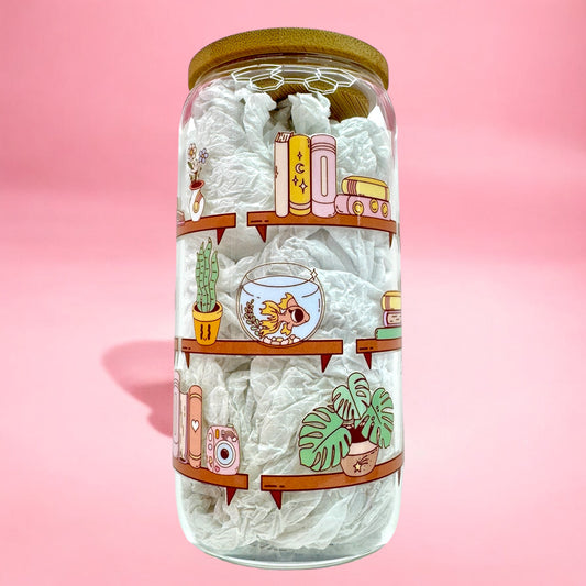 Cozy Cat Bookshelf 16oz Glass Cup 🐈📚🌿