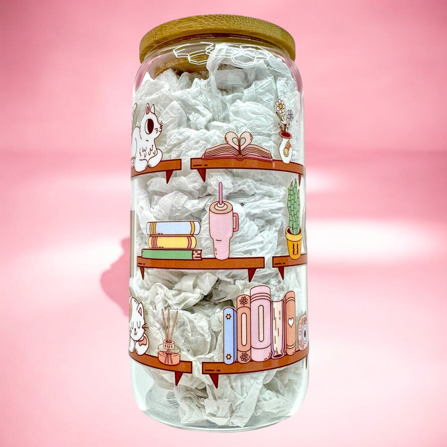 Cozy Cat Bookshelf 16oz Glass Cup 🐈📚🌿