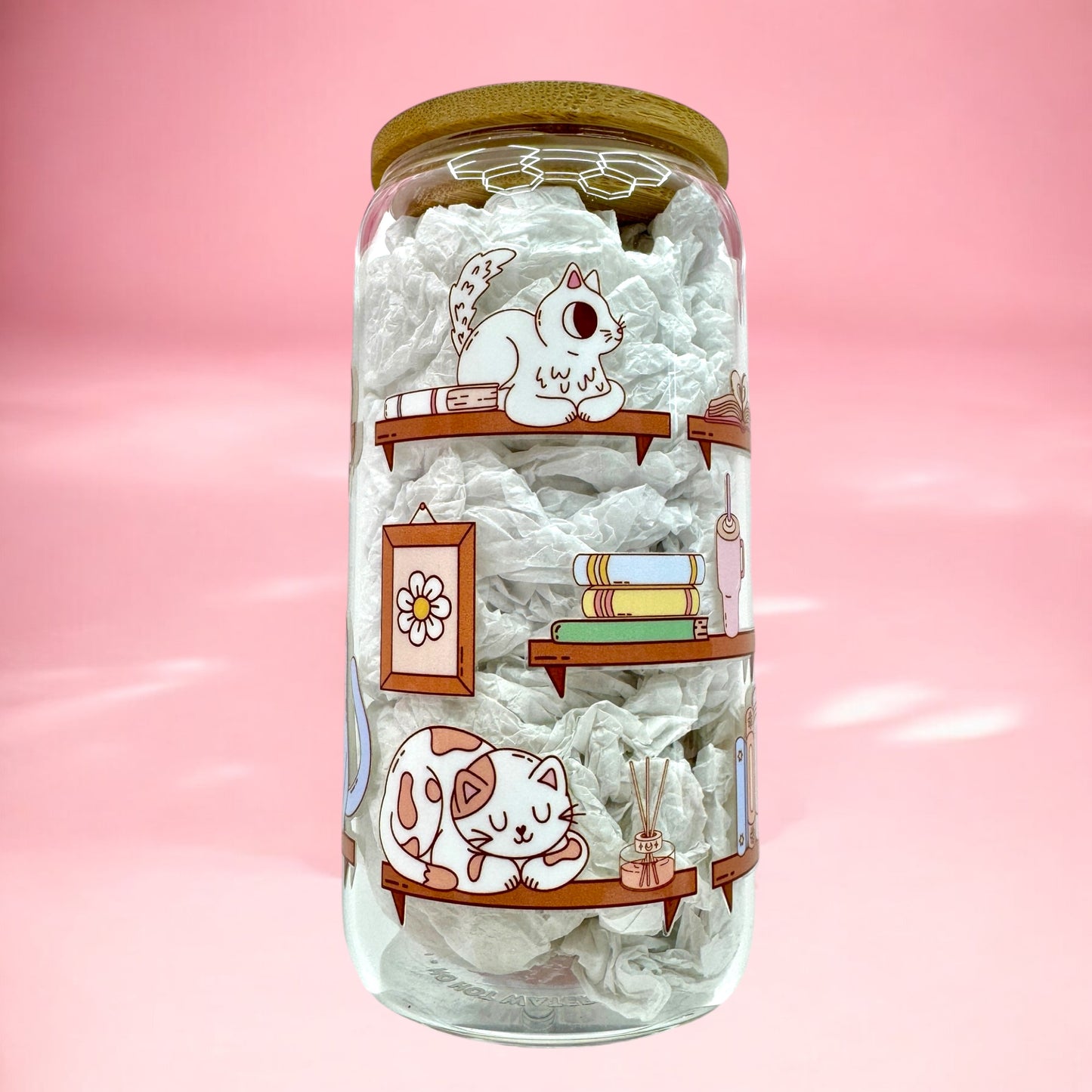 Cozy Cat Bookshelf 16oz Glass Cup 🐈📚🌿