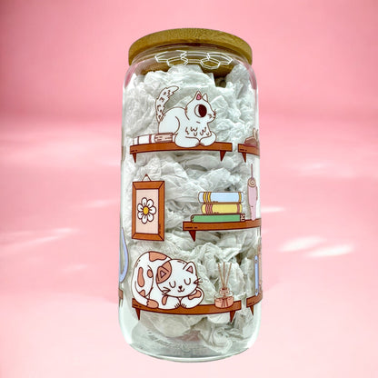 Cozy Cat Bookshelf 16oz Glass Cup 🐈📚🌿