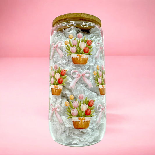 ✨Spring Bloom 16oz Glass Cup with Bamboo Lid 🌸🌷