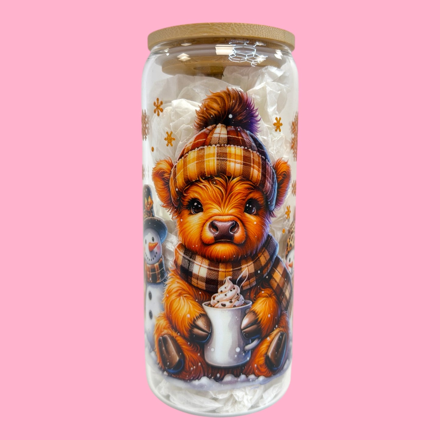 Cozy Winter Highland Cow 20oz Glass Cup ❄️🐮☕️