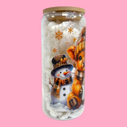 Cozy Winter Highland Cow 20oz Glass Cup ❄️🐮☕️