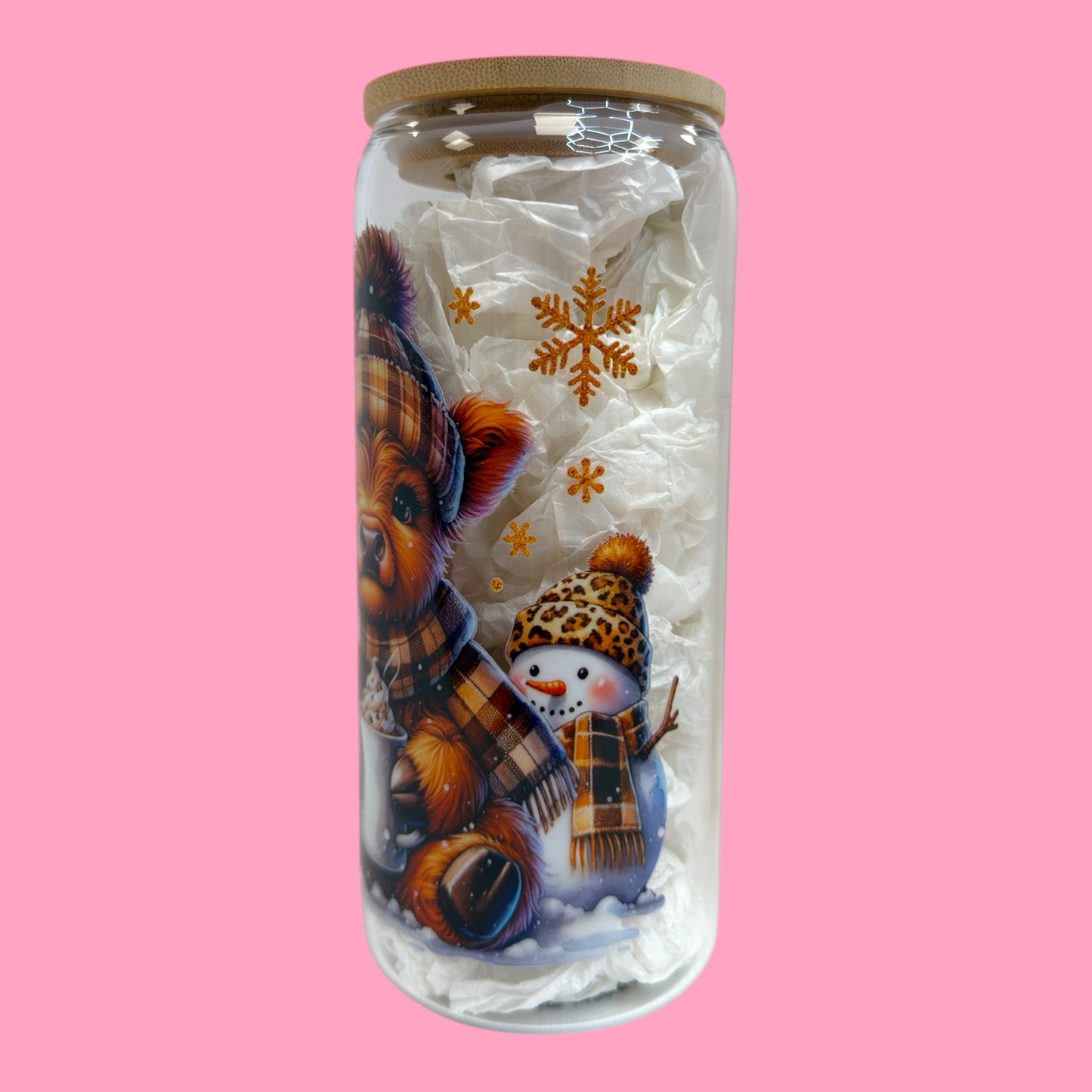Cozy Winter Highland Cow 20oz Glass Cup ❄️🐮☕️