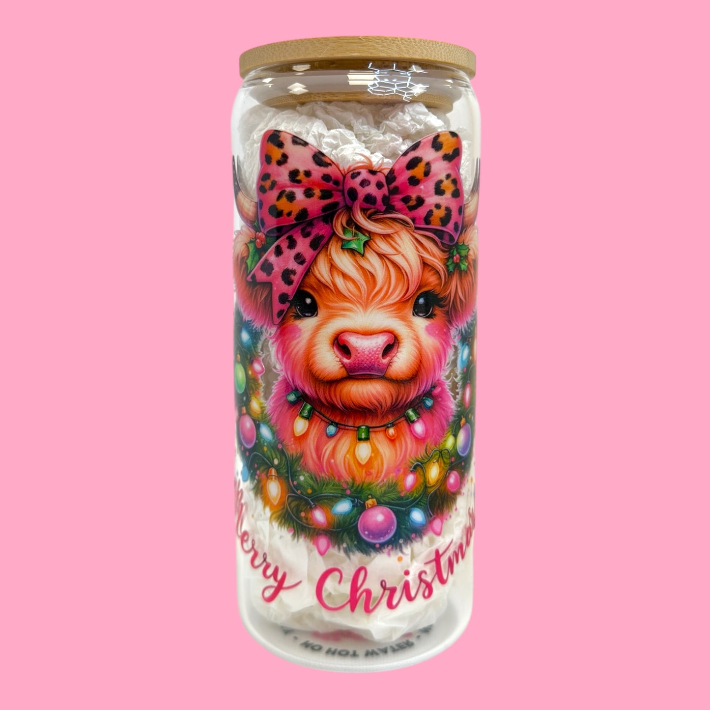 Pink Bow Highland Cow 20oz Christmas Glass Cup 🎀🐮🎄