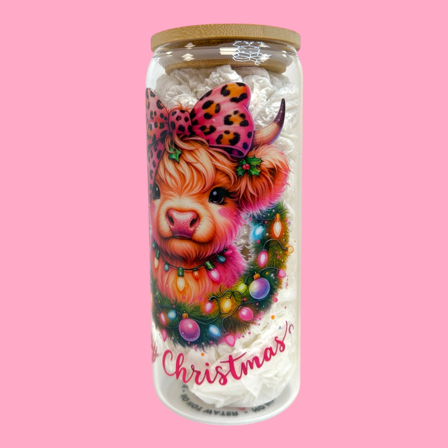 Pink Bow Highland Cow 20oz Christmas Glass Cup 🎀🐮🎄