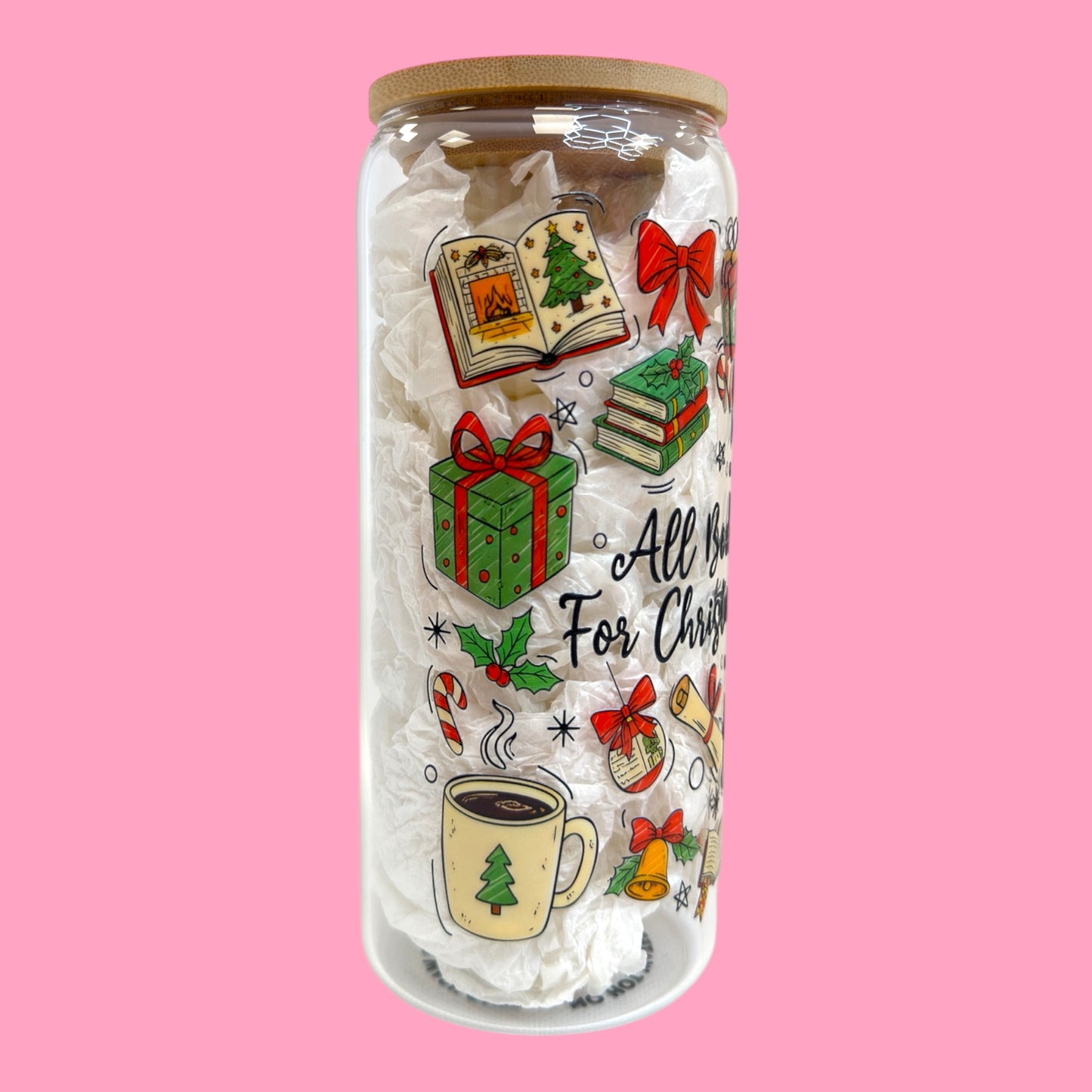 All Booked for Christmas 20oz Glass Cup 📚🎄☕️