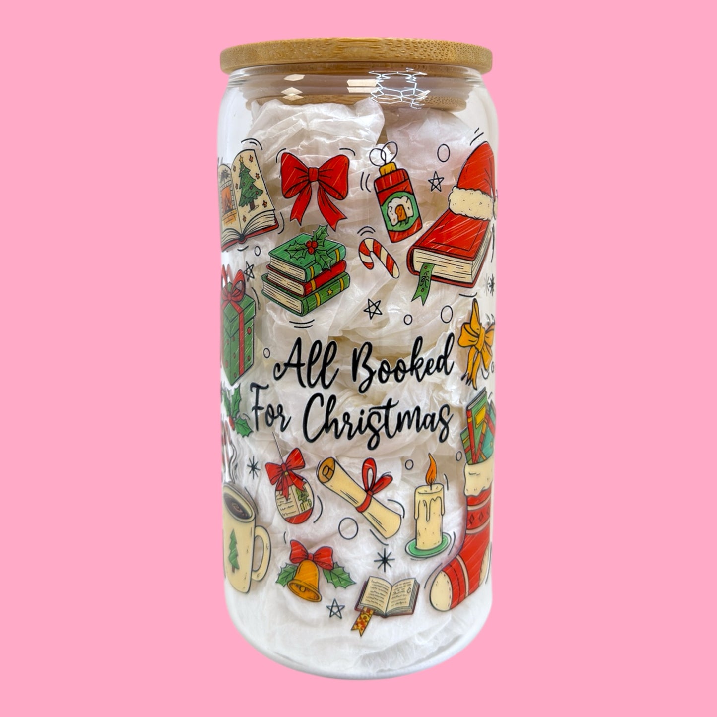 All Booked for Christmas 16oz Glass Cup 📚🎄☕️