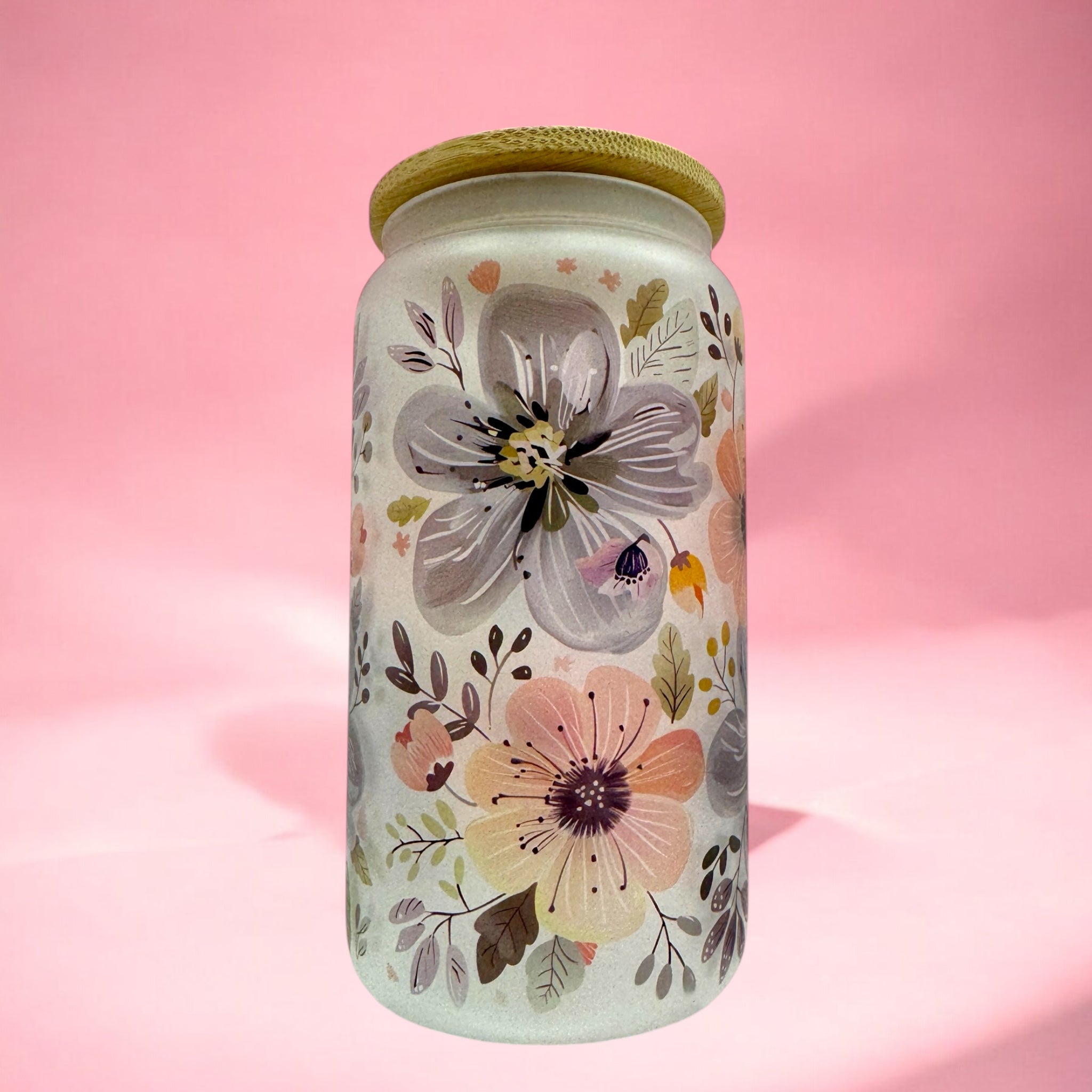 ✨ Blooming Beauty | 16oz Frosted Glass Cup with Bamboo Lid ✨
