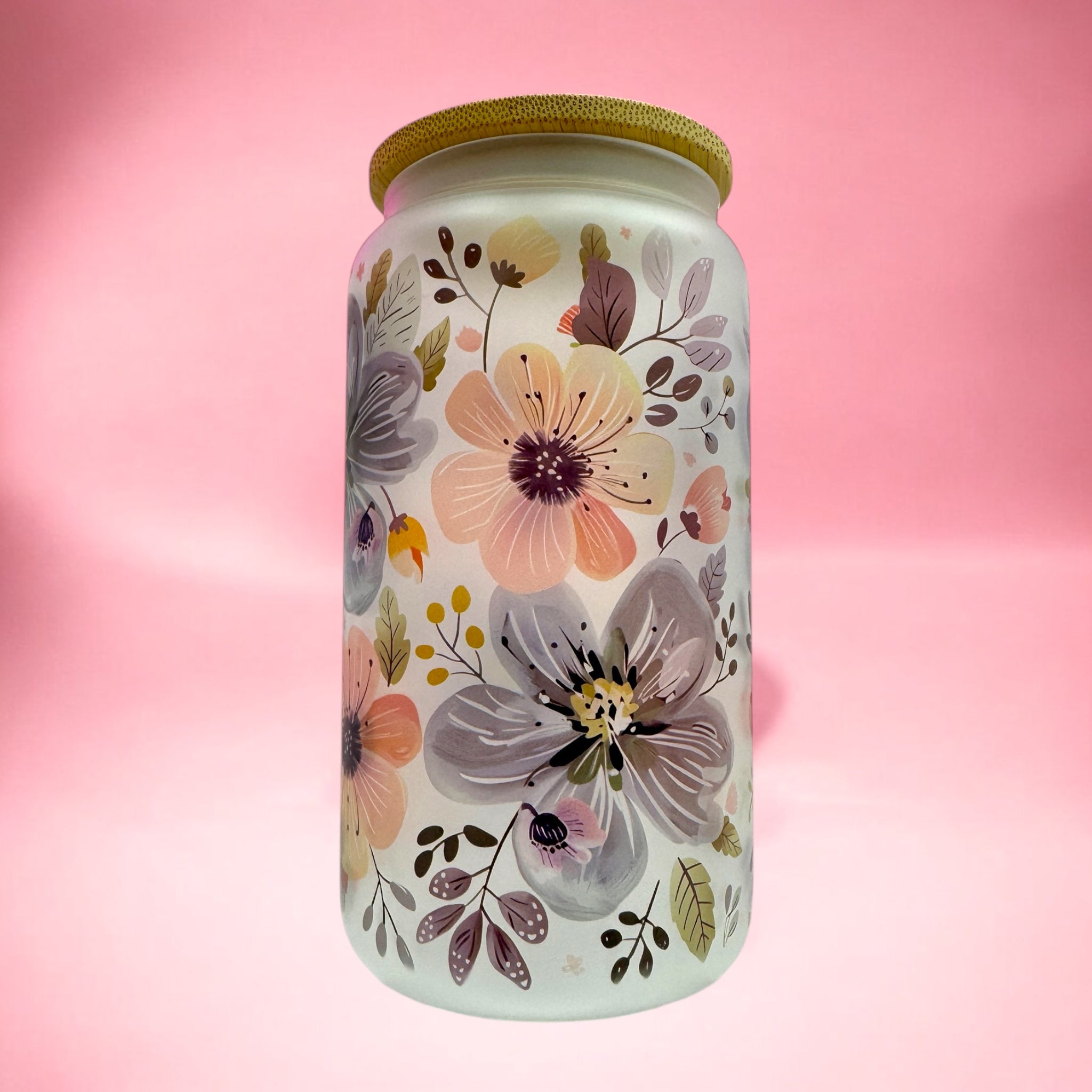 ✨ Blooming Beauty | 16oz Frosted Glass Cup with Bamboo Lid ✨