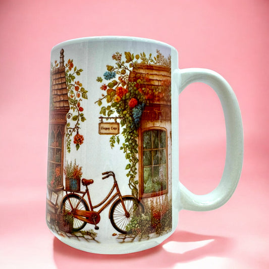 Bookstore Dreams 15oz Mug 📚☕ | Cozy Cottagecore Vibes 🌸🚲