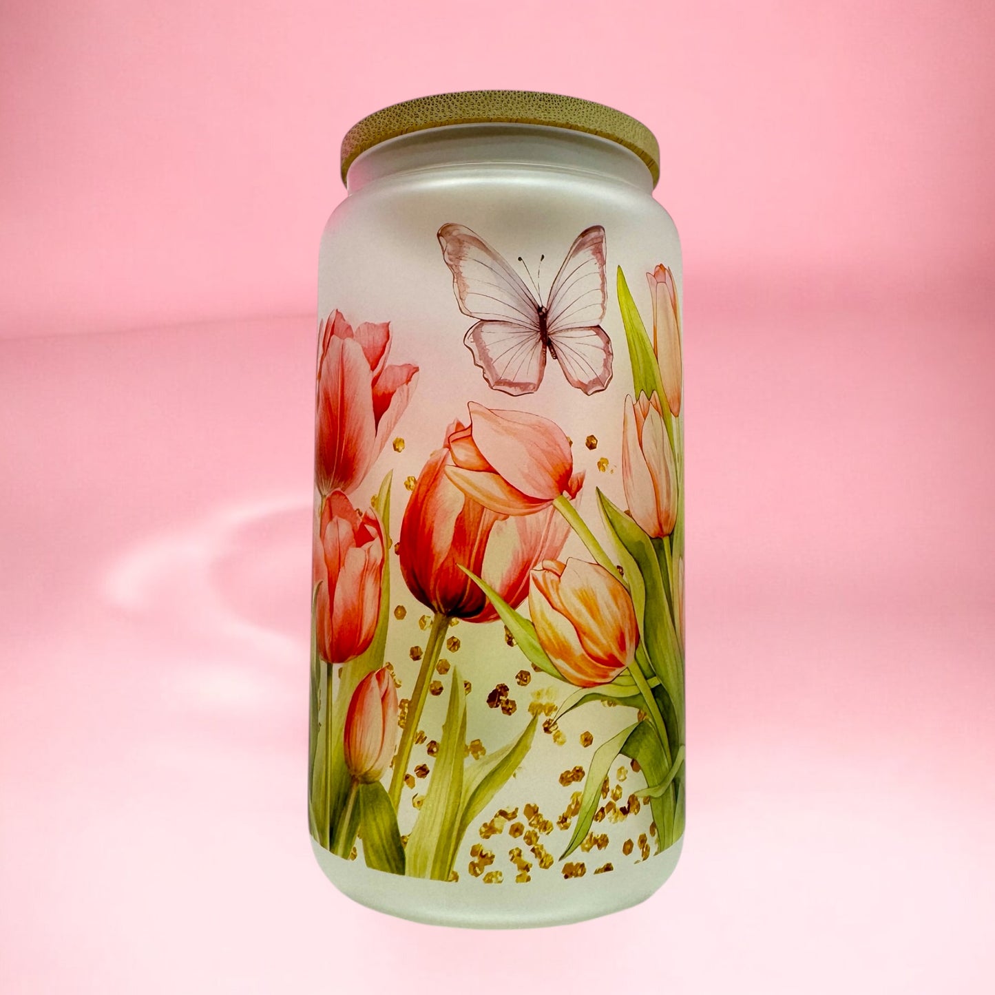 Spring Blooms Frosted Glass Cup - 16oz” ✨🌷🦋
