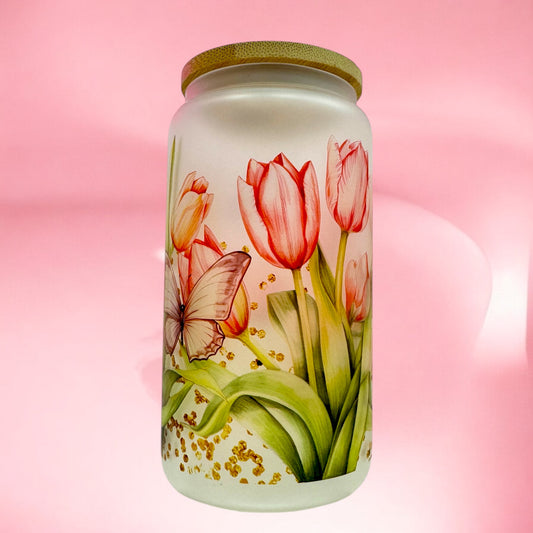 Spring Blooms Frosted Glass Cup - 16oz” ✨🌷🦋