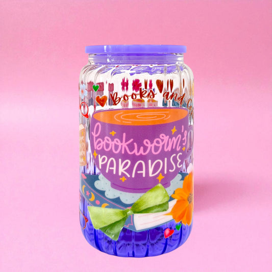 📚✨ Bookworm’s Paradise 16oz Glass Cup ☕🌸