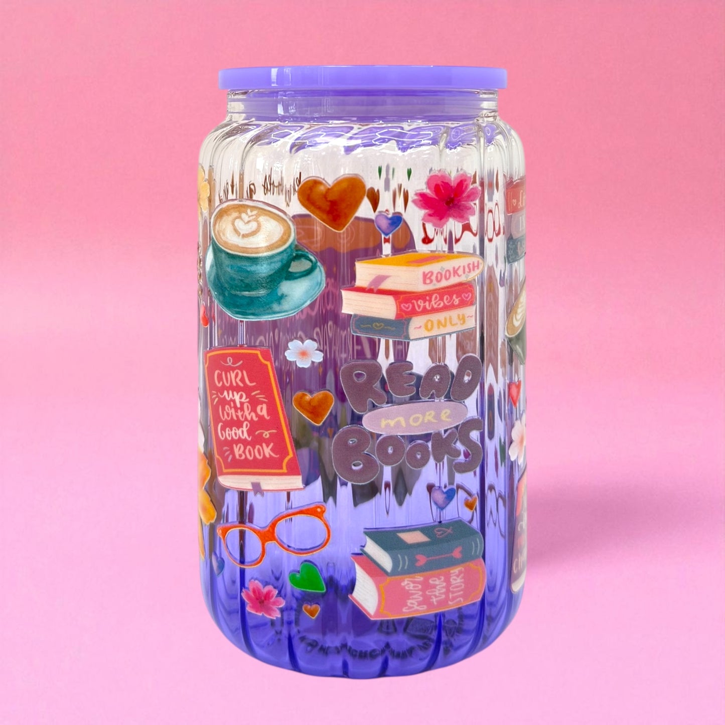 📚✨ Bookworm’s Paradise 16oz Glass Cup ☕🌸