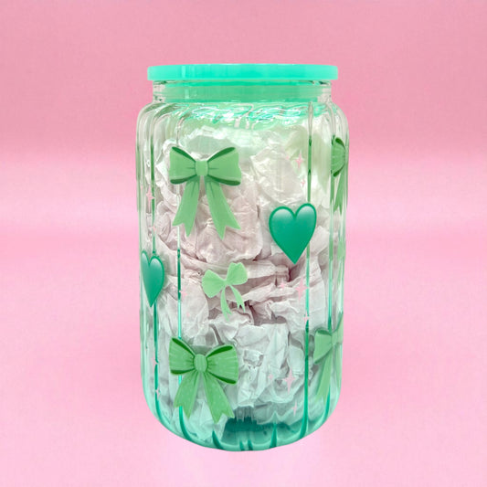 🎀💚 Mint Bow & Heart 16oz Glass Cup