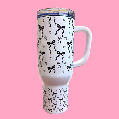 🎀 Cute Bow 40oz Tumbler with Handle – Insulated Travel Cup