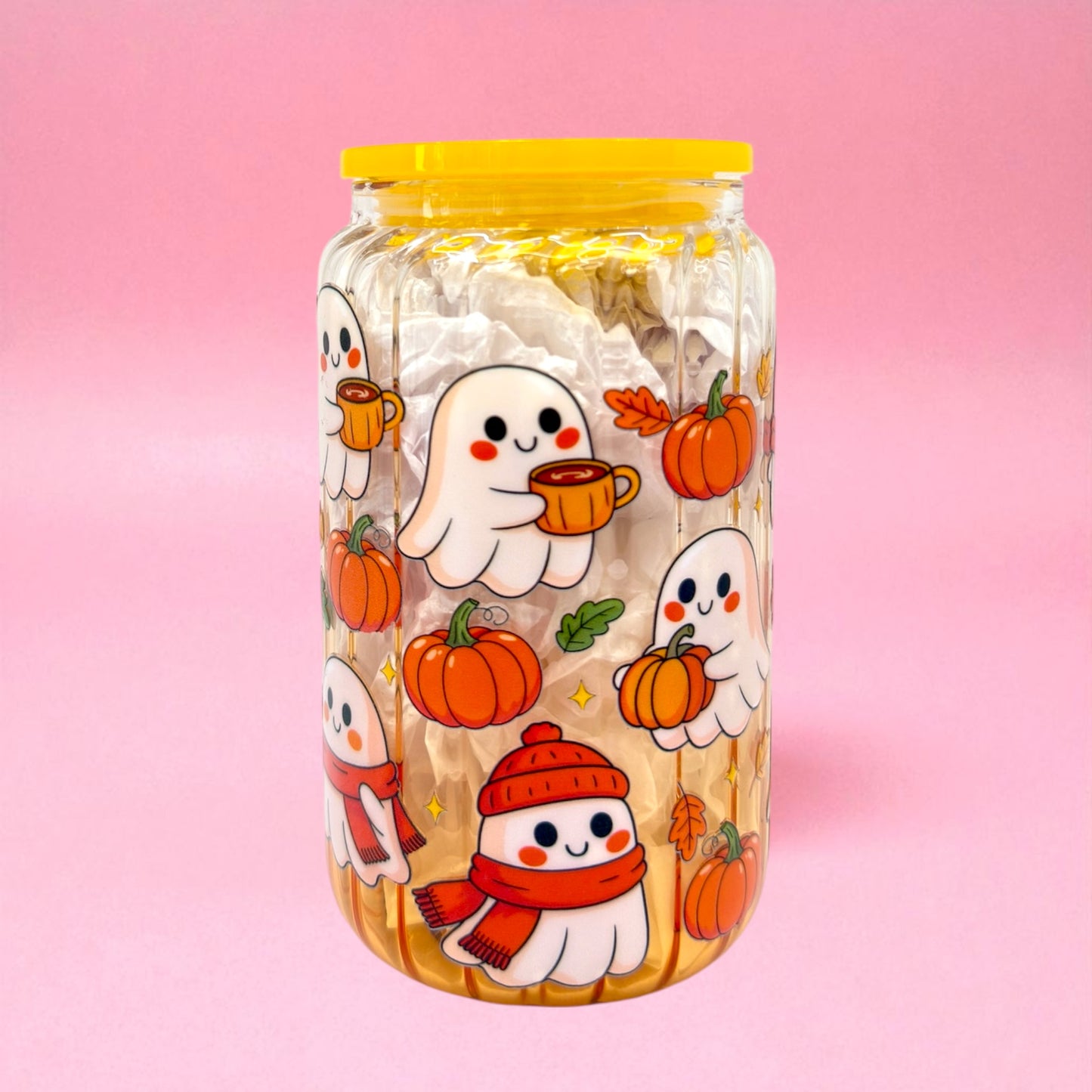 🎃👻 Cozy Ghosts 16oz Glass Cup 🍂☕