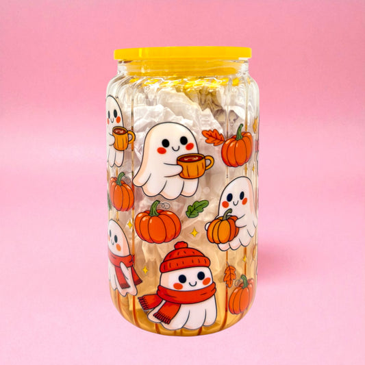🎃👻 Cozy Ghosts 16oz Glass Cup 🍂☕