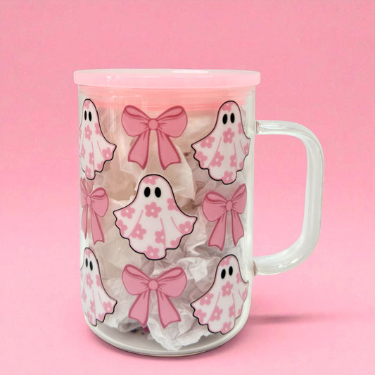 ✨ Pink Ghost & Bow 16oz Glass Cup ✨