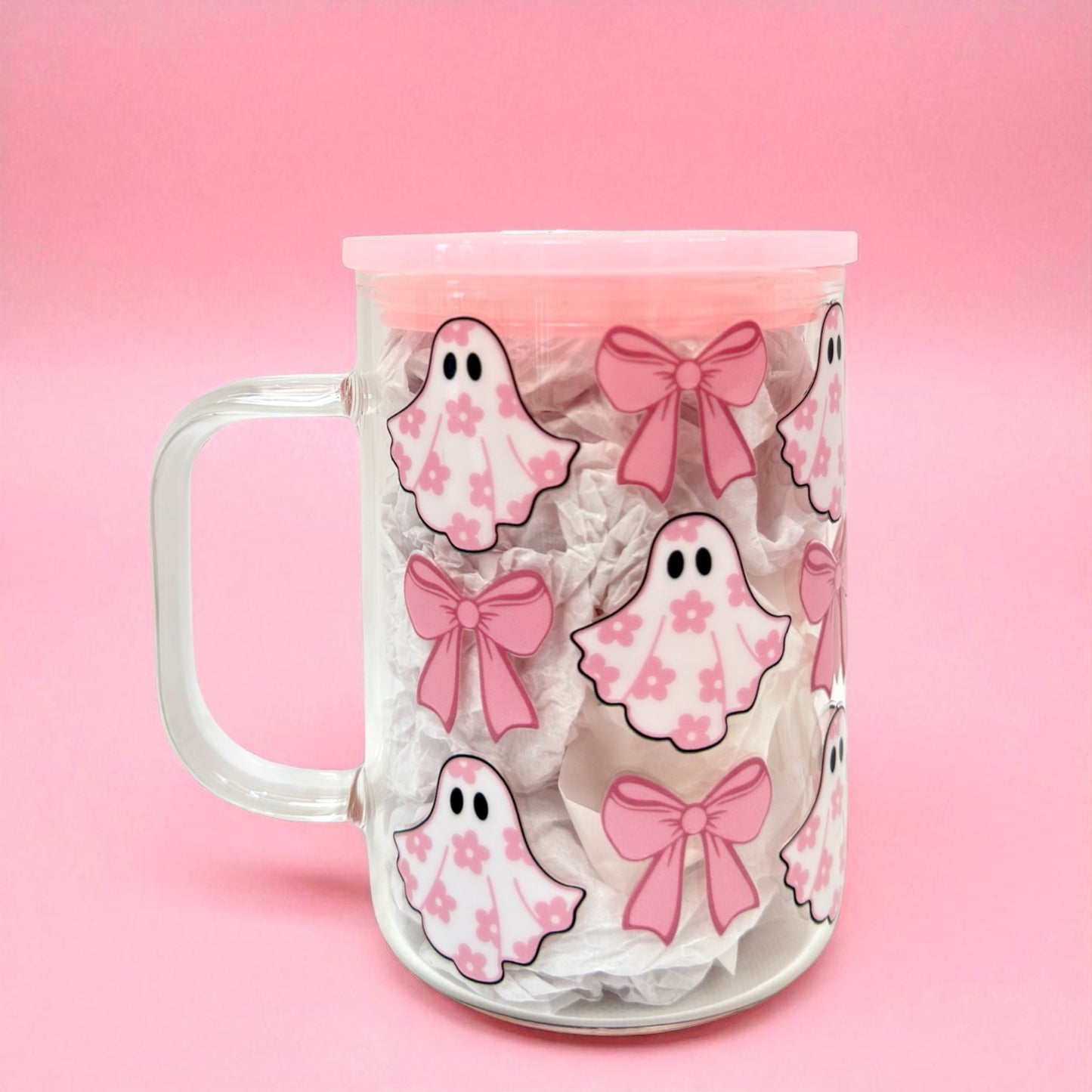✨ Pink Ghost & Bow 16oz Glass Cup ✨