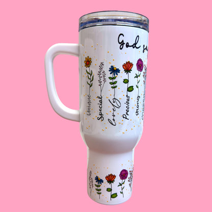🌸 You Are Unique 40oz Floral Tumbler – Inspirational Travel Mug✨