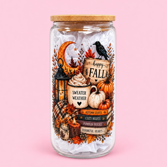 🍁 Happy Fall 16oz Glass Cup 🎃☕️