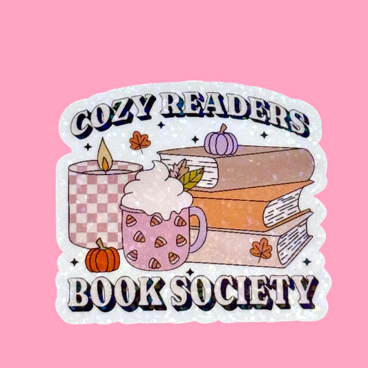 📚 Cozy Readers Book Society Holographic Sticker ✨☕🍂