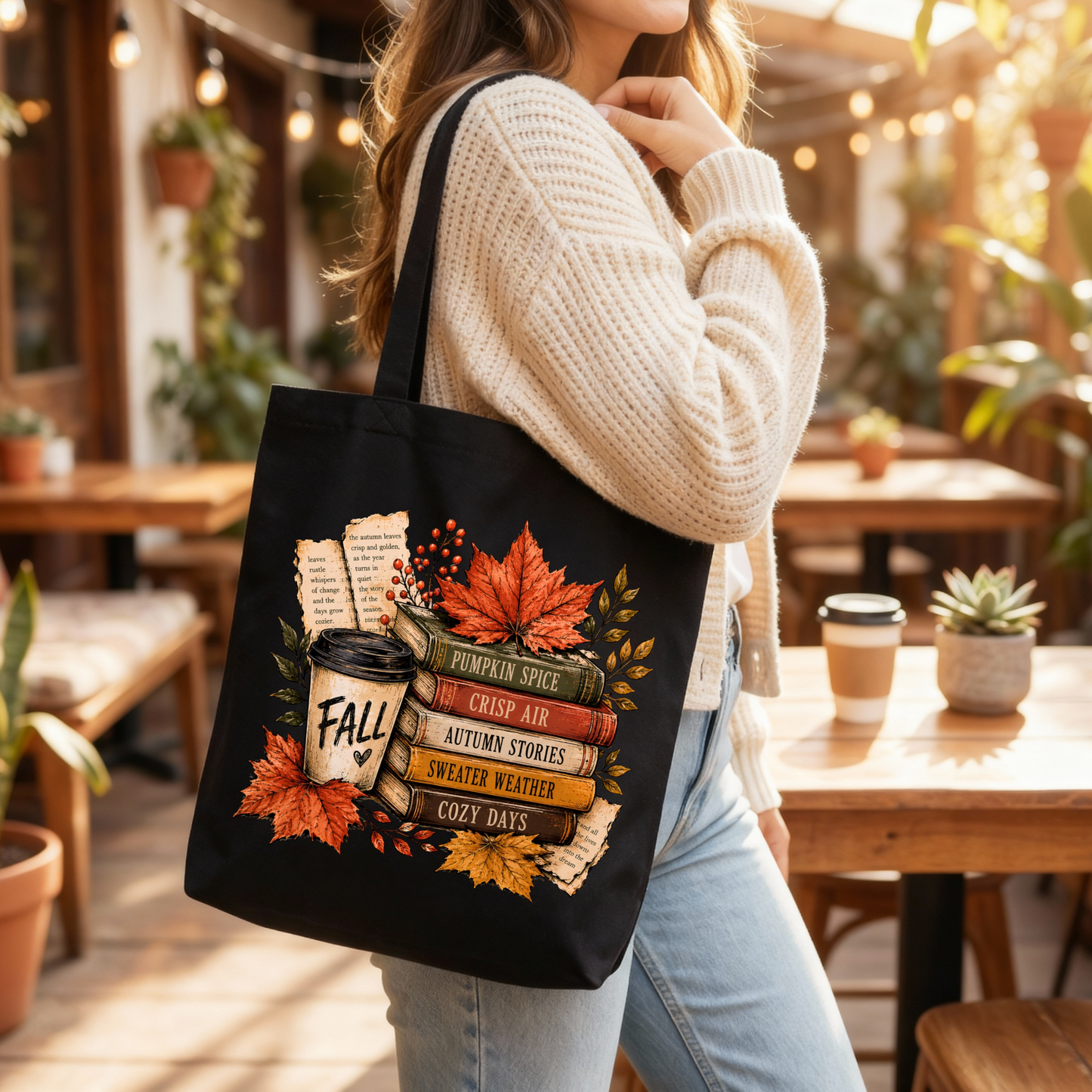 🍂 Fall Stories Bookish Black Tote Bag 📚