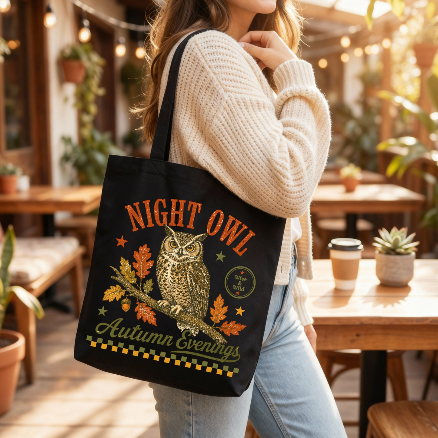 Night Owl Autumn Evenings Black Tote Bag 🍂✨