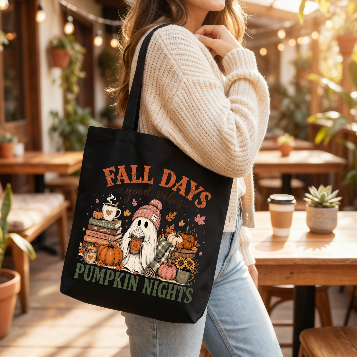 Fall Days & Pumpkin Nights Black Ghost Tote Bag 👻🎃🍂