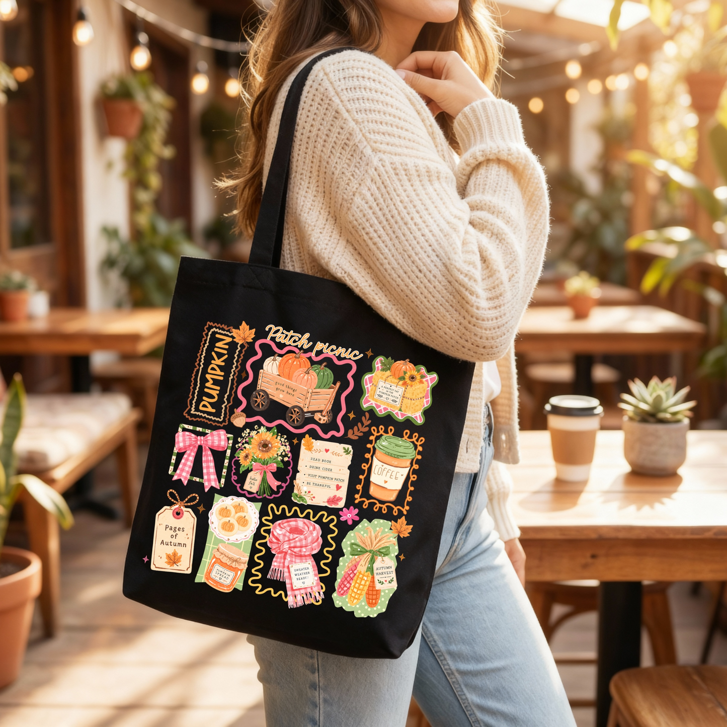 Black Pumpkin Patch Picnic Autumn Tote Bag 🎃🍂