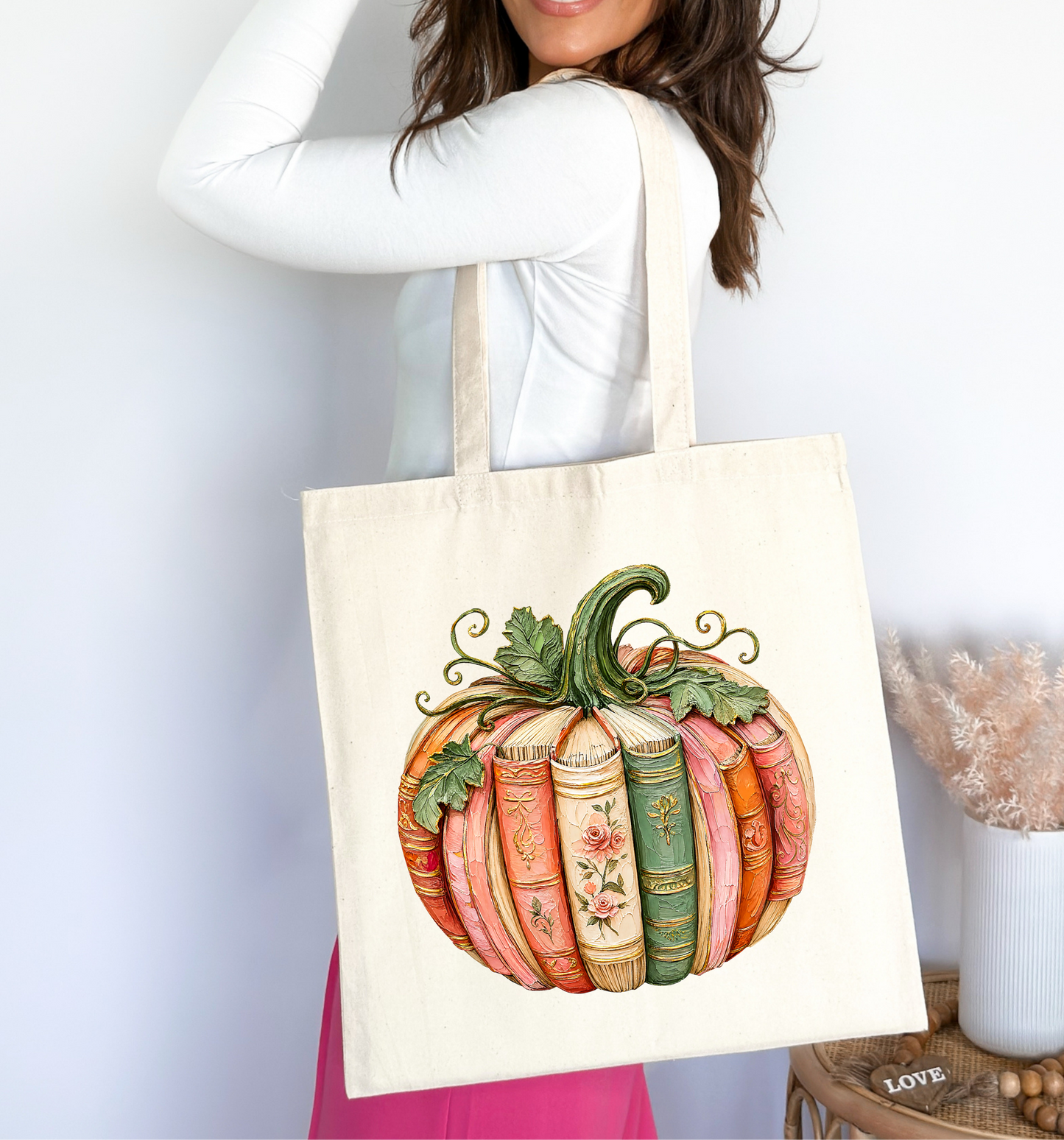 Autumn Book Pumpkin Natural Tote Bag 🎃📚🍂