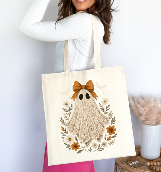 👻🎀 Vintage Lace Ghost Floral Tote Bag 🌼🍂✨