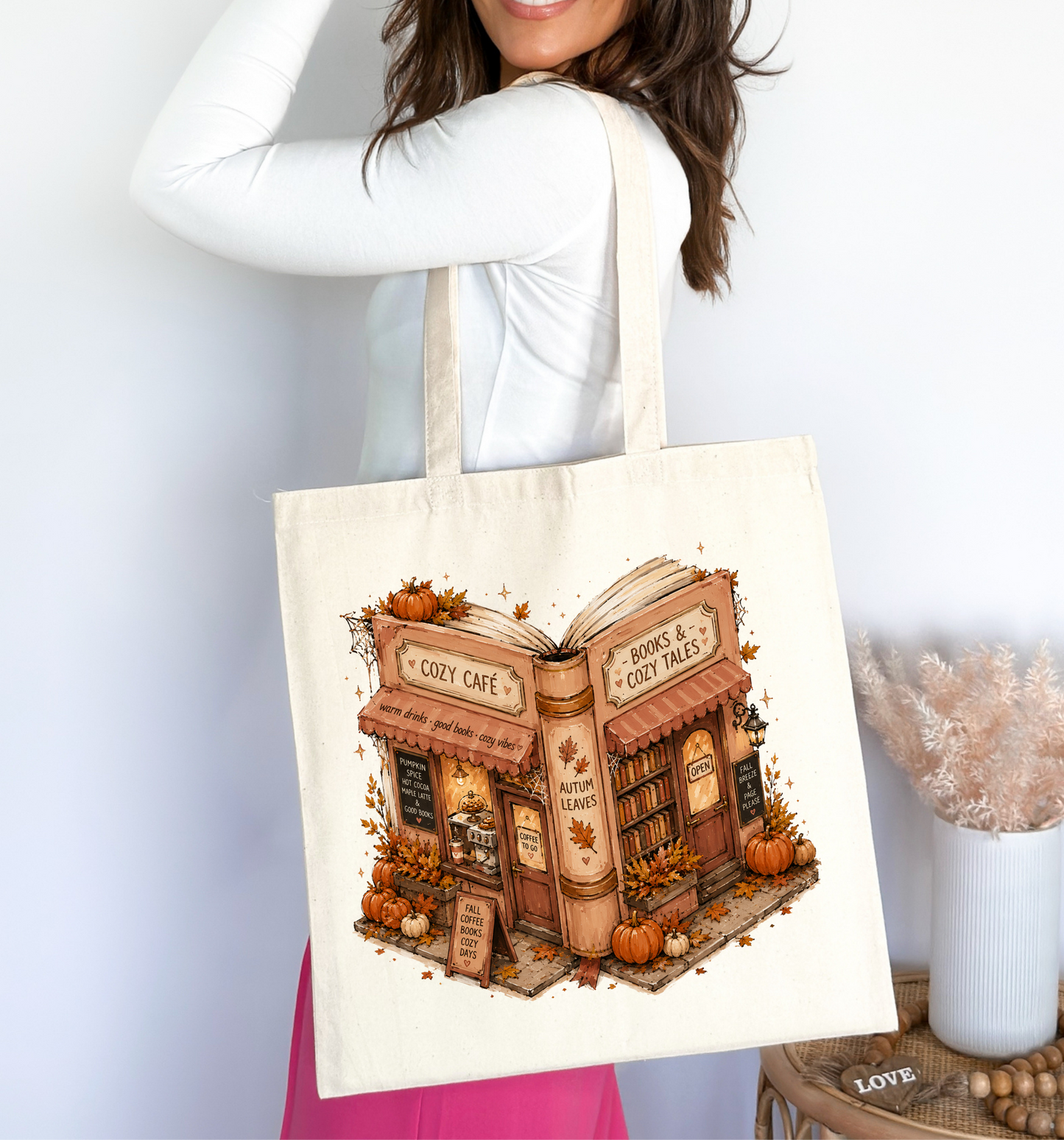 📚🍂 Cozy Café & Books Autumn Natural Tote Bag ☕🎃